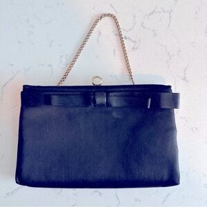 Vintage AFTER FIVE Black Sateen Frame Evening Bag Clutch Gold Circle Clasp Chain